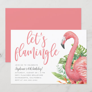 Tropische Blätter Flamingo Let's Flamingle Geburts Einladung