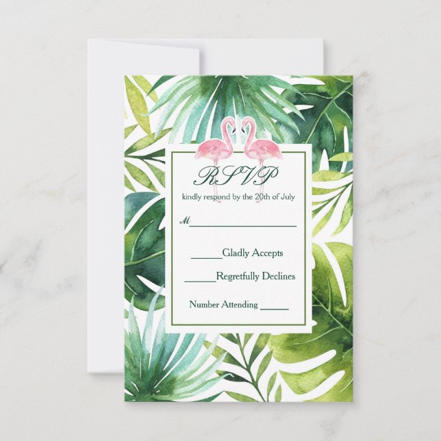 Tropische Blätter & Flamingos Sommer Hochzeit RSVP (Vorderseite)