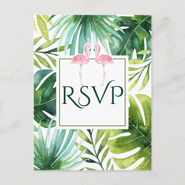 Tropische Blätter & Flamingos Sommer Hochzeit RSVP Einladungspostkarte (Vorderseite)