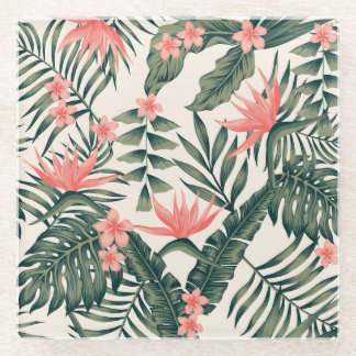 Tropische Blätter, fröhliche Strandtapete. Glasuntersetzer