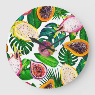 Tropische Blätter, Früchte, Gouache nahtloses Must Große Wanduhr