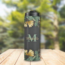Tropische Blätter Glitzer Monogram Thermal Tumbler