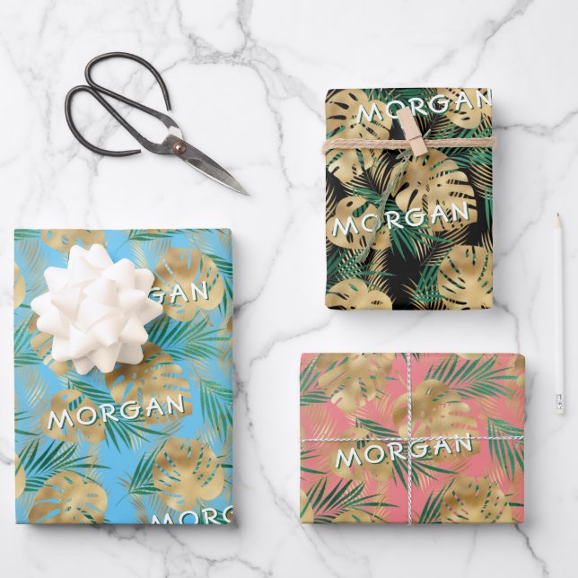 Tropische Blätter Gold/Grün, Individuelle Name, 3  (Vorderseite)