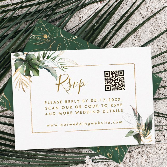 Tropische Blätter Gold-Hochzeit-RSVP mit QR-Code Begleitkarte (Von Creator hochgeladen)