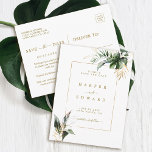 Tropische Blätter Gold Hochzeit speichern das Datu Ankündigungspostkarte<br><div class="desc">Diese Hochzeit speichern das Datum Einladung Postkarte bietet Aquarell grüne tropische Blätter,  Monstera Blatt,  Palmen Blätter,  Bananen-Blätter und Imitate goldenen Blätter Akzente. Es ist ideal für einen Strand oder eine Hochzeit in Urlaubsort. >>>> Karo aus der gesamten Auflistung >>> https://www.zazzle.com/collections/tropical_foliage_gold_collection-119316977990783186</div>