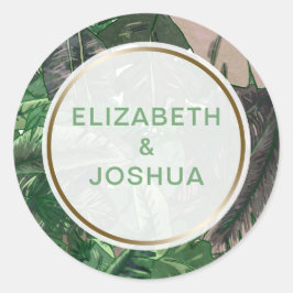 Tropische Blätter Goldgrün botanische Hochzeit Runder Aufkleber