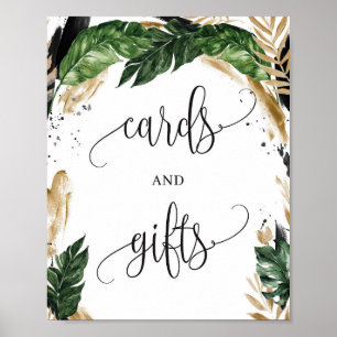Tropische Blätter Goldkarten und Geschenke Schild