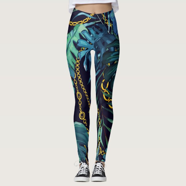 Tropische Blätter, Goldketten, nahtlos. Leggings (Vorderseite)