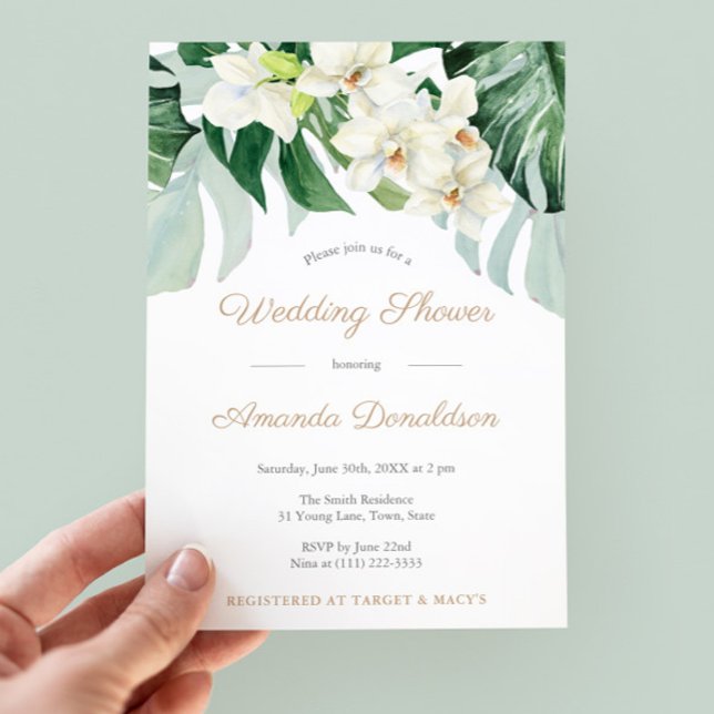 Tropische Blätter Grün- und Gold-Brautparty-Party Einladung (Tropical Greenery Monstera Leaves Wedding Shower Invitations)