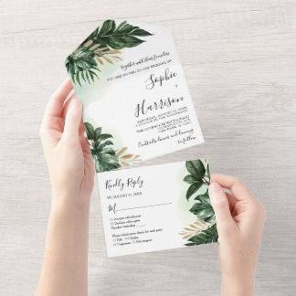 Tropische Blätter Grün und Gold Hochzeit All In One Einladung