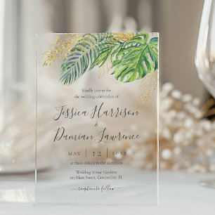 Tropische Blätter Grüne Goldene Foliage Hochzeit Acryleinladungen