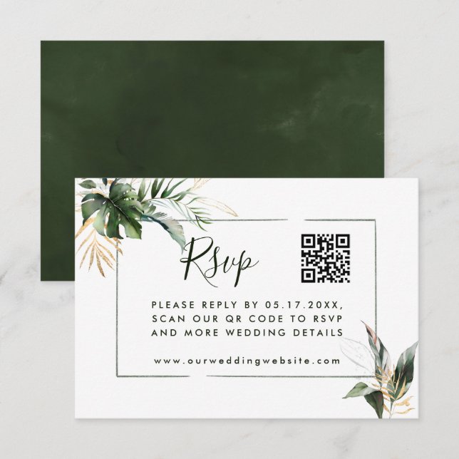Tropische Blätter Grüne Hochzeitsszenarien mit QR- Begleitkarte (Vorne/Hinten)