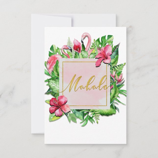 Tropische Blätter Hibiskus Flamingo Mahalo Vielen  Dankeskarte (Vorderseite)