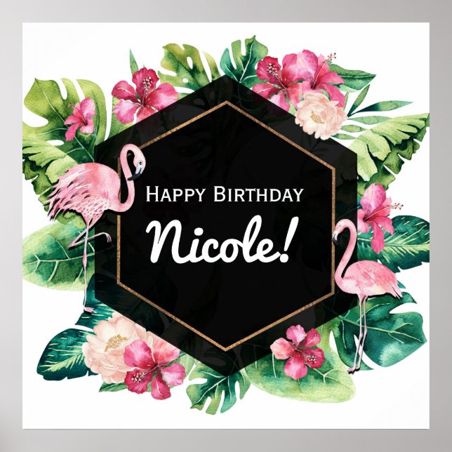 Tropische Blätter Hibiskus Flamingos Banner Poster (Vorne)