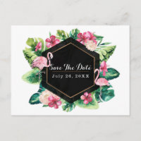 Tropische Blätter Hibiskus Flamingos Save the Date