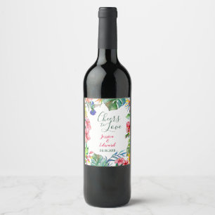 Tropische Blätter Hibiskus Hawaiianische Hochzeit Weinetikett