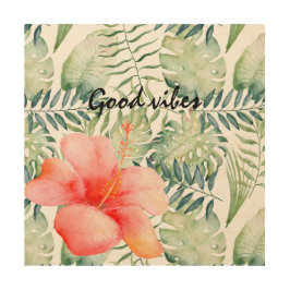 Tropische Blätter Hibiskus Pink Floral Wasserfarbe Holzdruck