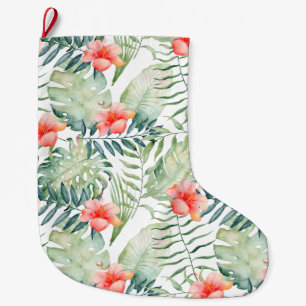 Tropische Blätter Hibiskus Wasserfarbe Großer Weihnachtsstrumpf