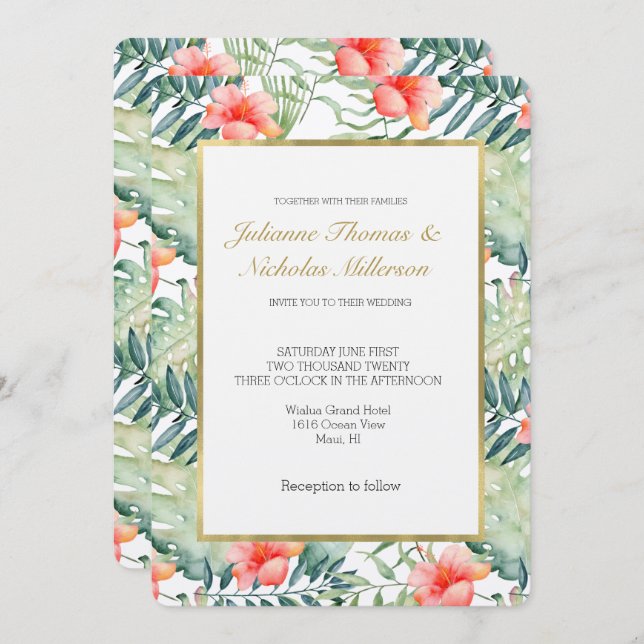 Tropische Blätter Hibiskus Wasserfarbenhochzeit Einladung (Vorne/Hinten)