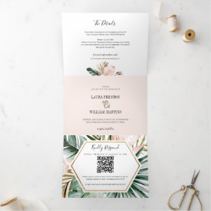 Tropische Blätter Hochzeiten RSVP QR Code Details  Dreifach Gefaltete Einladung