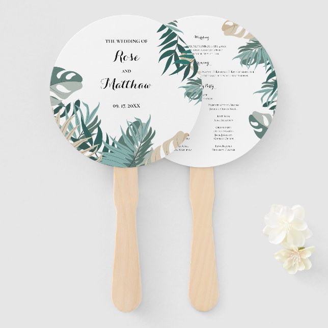 Tropische Blätter Hochzeitsprogramm Handfan Fächer (Vorne und Hinten)