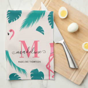 Tropische Blätter Hot Pink Flamingo Modernes Monog Geschirrtuch