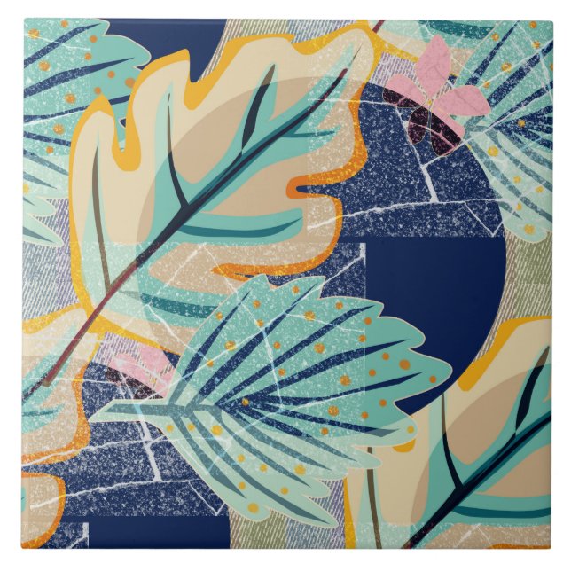 Tropische Blätter im Grunge-Stil. Keramikfliese (Vorderseite)