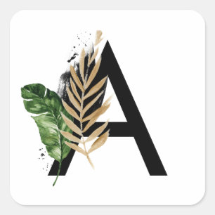 Tropische Blätter Imitate Gold Foil Letter A Monog Quadratischer Aufkleber