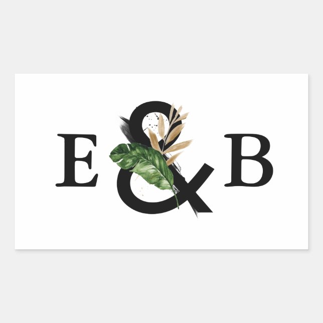 Tropische Blätter Imitate Gold Foil Wedding Monogr Rechteckiger Aufkleber (Vorderseite)