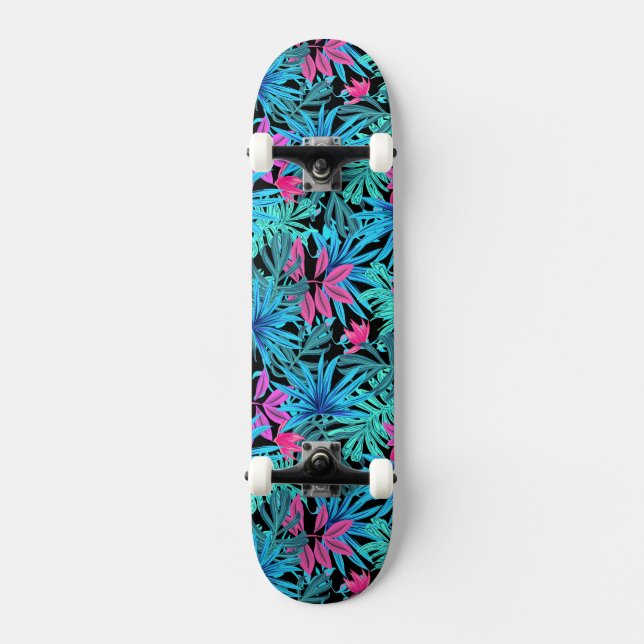 Tropische Blätter in Blau und Rosa Skateboard (Vorderseite)