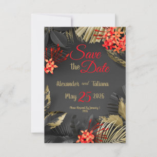 Tropische Blätter in Schwarz und Gold auf dunklem Save The Date