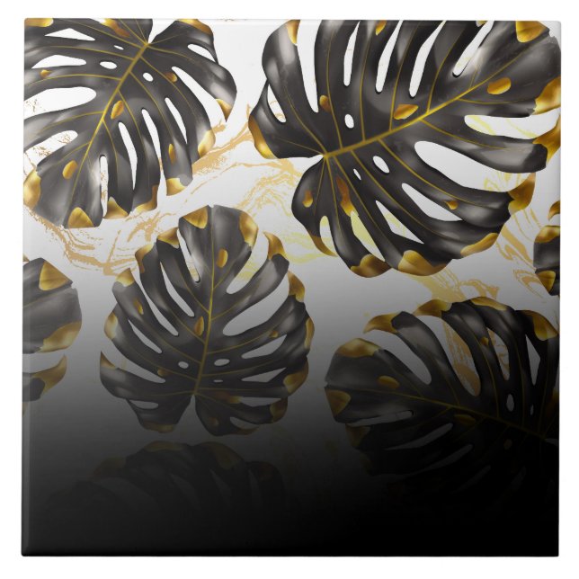 Tropische Blätter in Schwarz und Golden Fliese (Vorderseite)