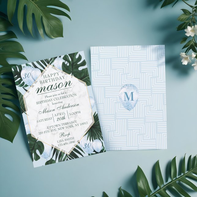 Tropische Blätter Marble Blue Geburtstagseinladung Einladung (Tropical Leaves Marble Blue Birthday Invitation)