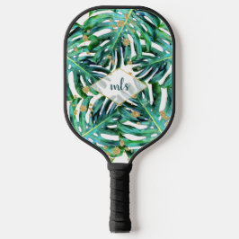 Tropische Blätter mit Gold Glitzer Beach Monogram Pickleball Schläger