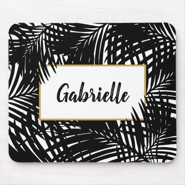 Tropische Blätter Moderne Schwarz/Weiß Mousepad (Vorne)