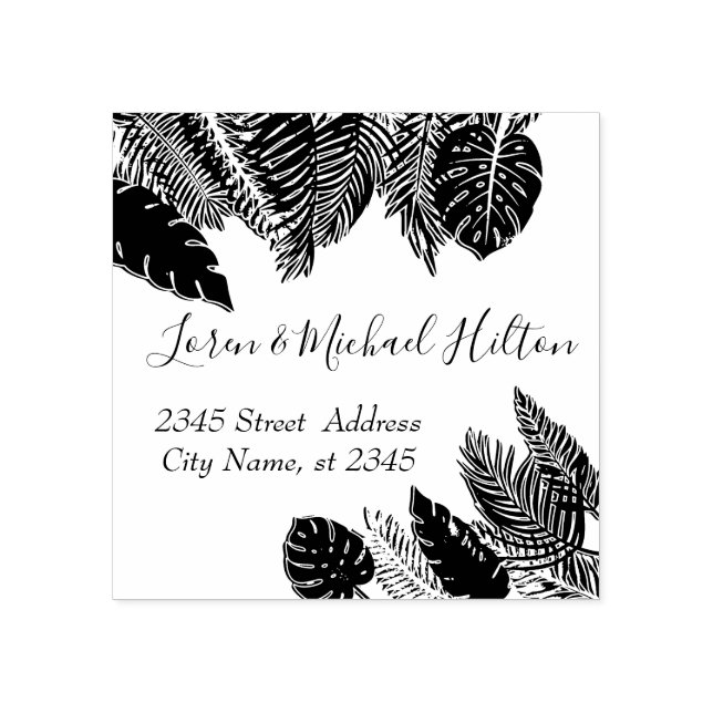 Tropische Blätter Moderne Typografie Rücksendeadre Gummistempel (Prägung)