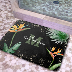 Tropische Blätter Monogram Script Gold Black Badematte