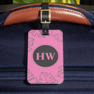 Tropische Blätter Muster Pink & Gray Monogramm Gepäckanhänger