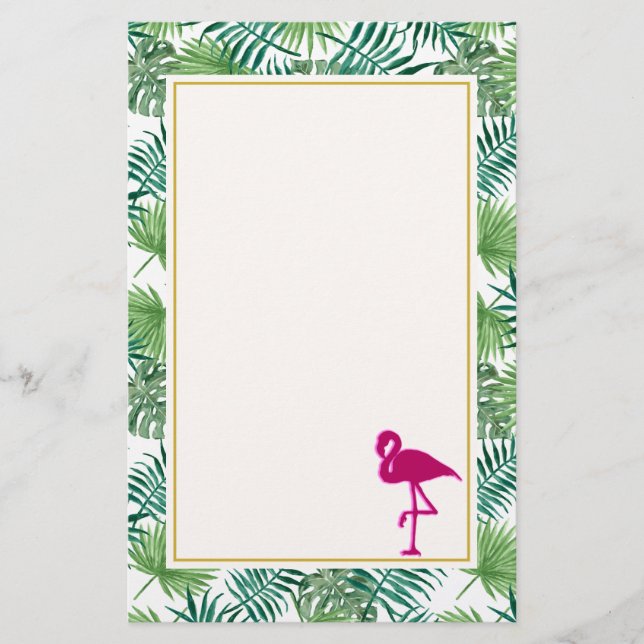 Tropische Blätter Muster und rosa Flamingo Briefpapier (Vorderseite)
