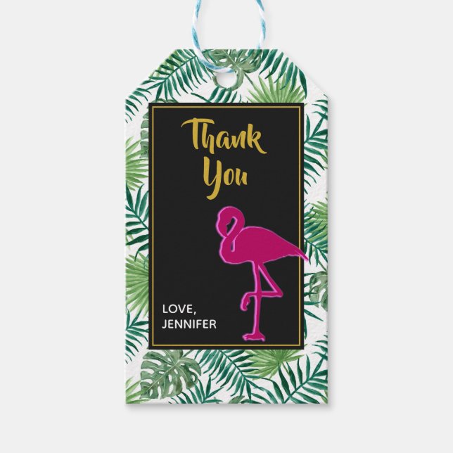 Tropische Blätter Muster und rosa Flamingo Danke Geschenkanhänger (Vorderseite)