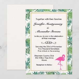 Tropische Blätter Muster und rosa Flamingo Hochzei Einladung