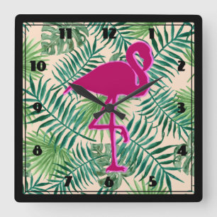 Tropische Blätter Muster und rosa Flamingo Quadratische Wanduhr
