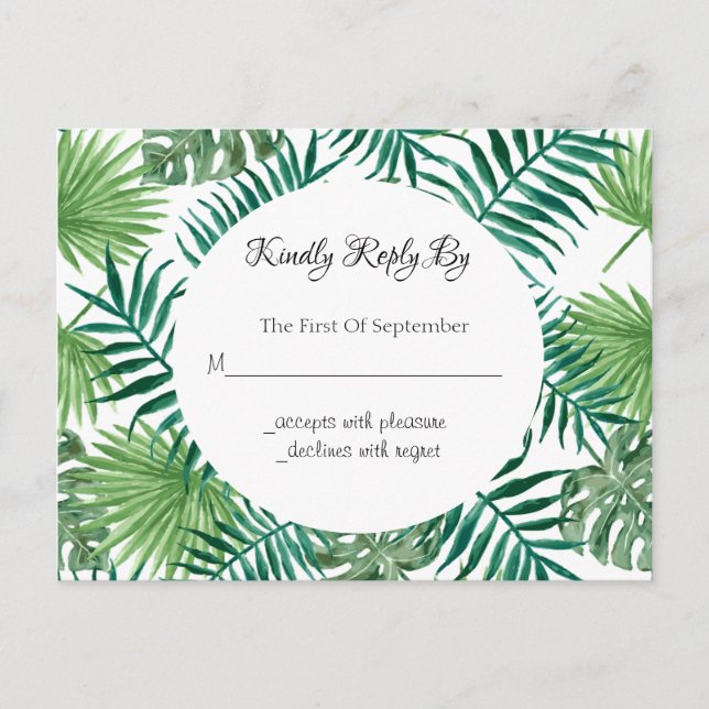 Tropische Blätter Palm Wedding RSVP Postcard Einladungspostkarte (Vorderseite)