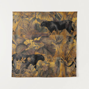 Tropische Blätter, Panther und Orchideen. Nahtlose Wandteppich