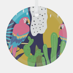 Tropische Blätter, Papageien: Sommerlicher Hinterg Ornament Aus Glas