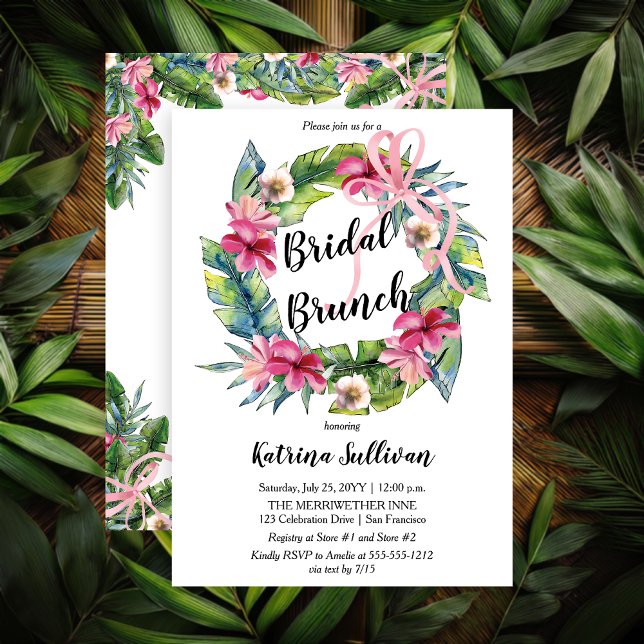 Tropische Blätter | Pink Bow Floral Bridal Brunch Einladung (Boho Tropical Leaves and Pink Ribbons Floral Bridal Brunch Invitation - Print | Digital)