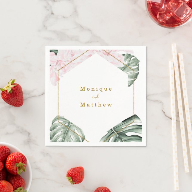 Tropische Blätter Rosa Blau Goldene Hochzeit Serviette (Beispiel)