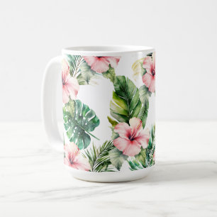 Tropische Blätter Rosa Hibiskus Blume Kaffeetasse
