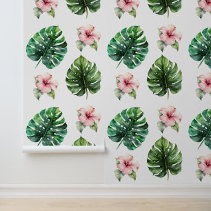 Tropische Blätter Rosa Hibiskus Blume Tapete