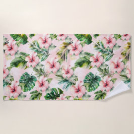 Tropische Blätter Rosa Hibiskus Strandtuch